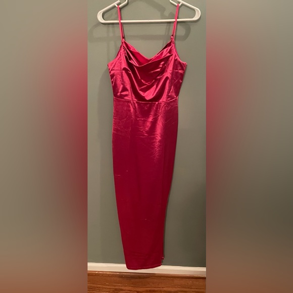 NWT ANRABESS Spaghetti Strap Bodycon High Slit Pink Satin Maxi Dress Size Medium - Picture 4 of 13